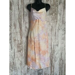 LULUS Tranquil State DRAPED NECK Orange MULTI Tie-Dye Midi SLIP DRESS Size XS